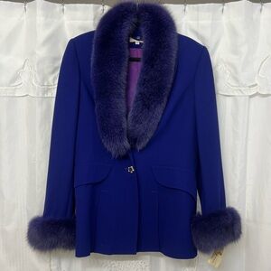 NWT Alberto Makali Fox Fur Trim Blazer Jacket Blue Purple Size 14
